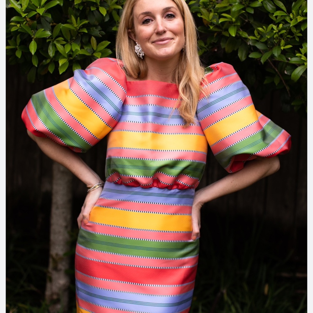 Vibrant Multi-Color Puff-Sleeve Midi Dress